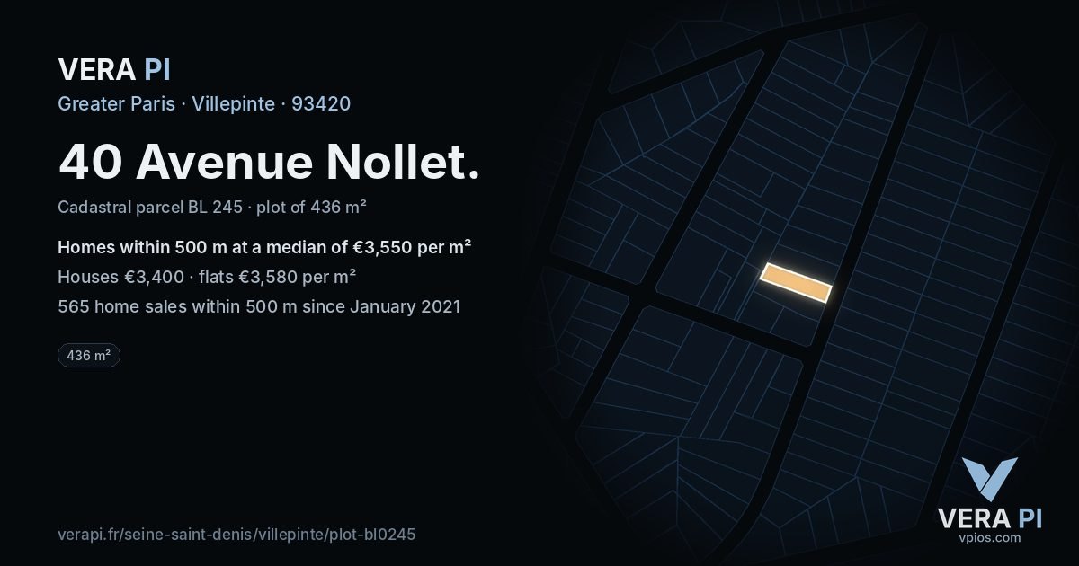 40 Avenue Nollet, Villepinte at night – the plot lit, the parcels around coloured by the prices near them