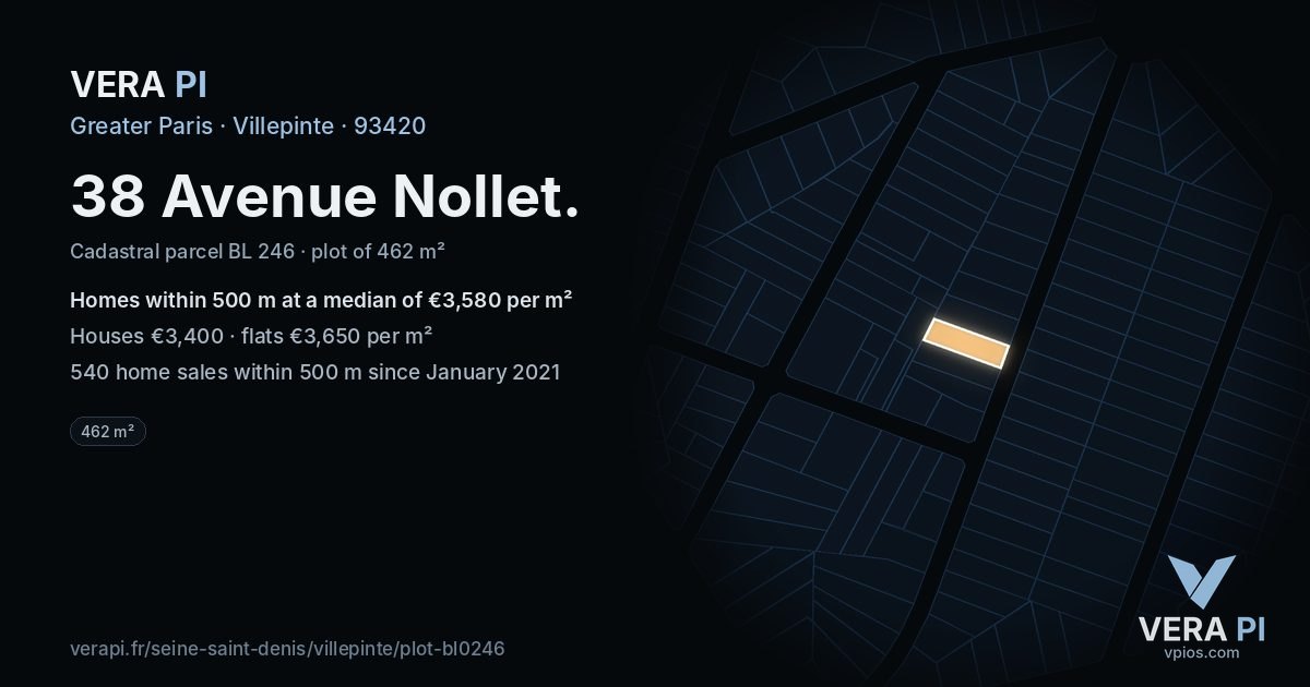 38 Avenue Nollet, Villepinte at night – the plot lit, the parcels around coloured by the prices near them