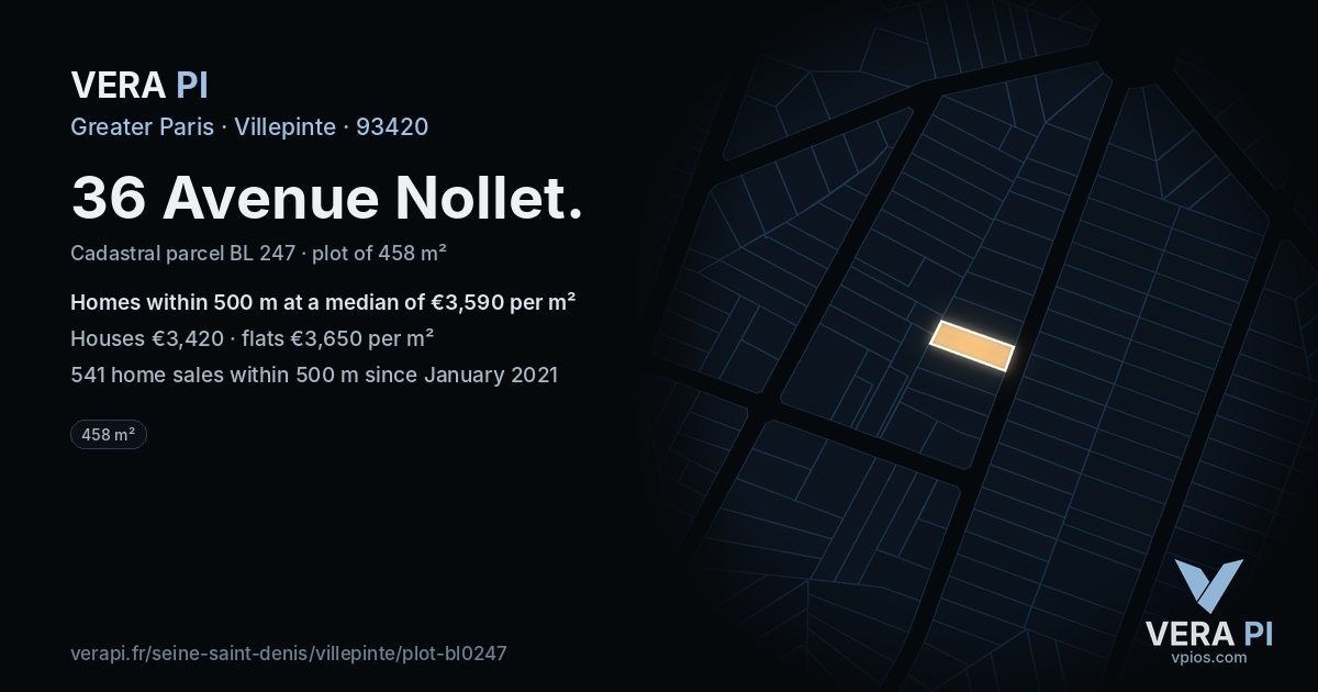 36 Avenue Nollet, Villepinte at night – the plot lit, the parcels around coloured by the prices near them