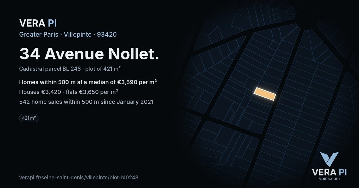 34 Avenue Nollet, Villepinte at night – the plot lit, the parcels around coloured by the prices near them