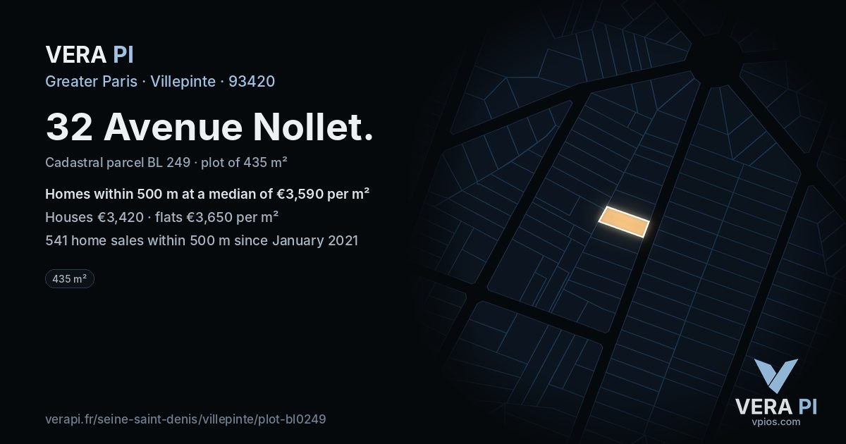 32 Avenue Nollet, Villepinte at night – the plot lit, the parcels around coloured by the prices near them