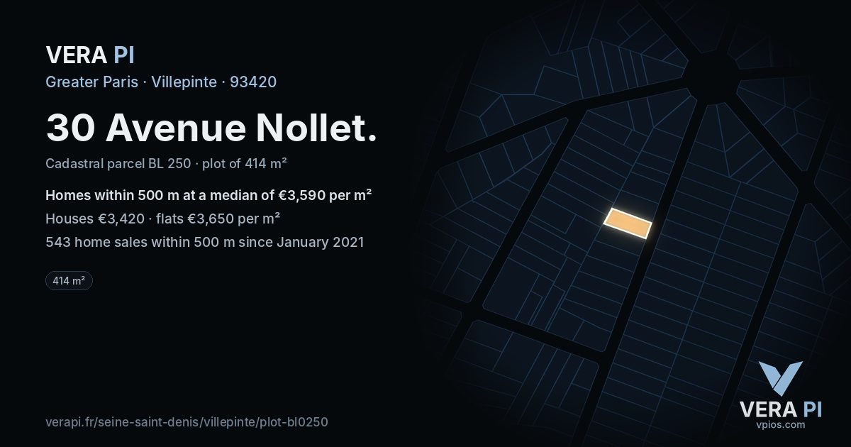 30 Avenue Nollet, Villepinte at night – the plot lit, the parcels around coloured by the prices near them