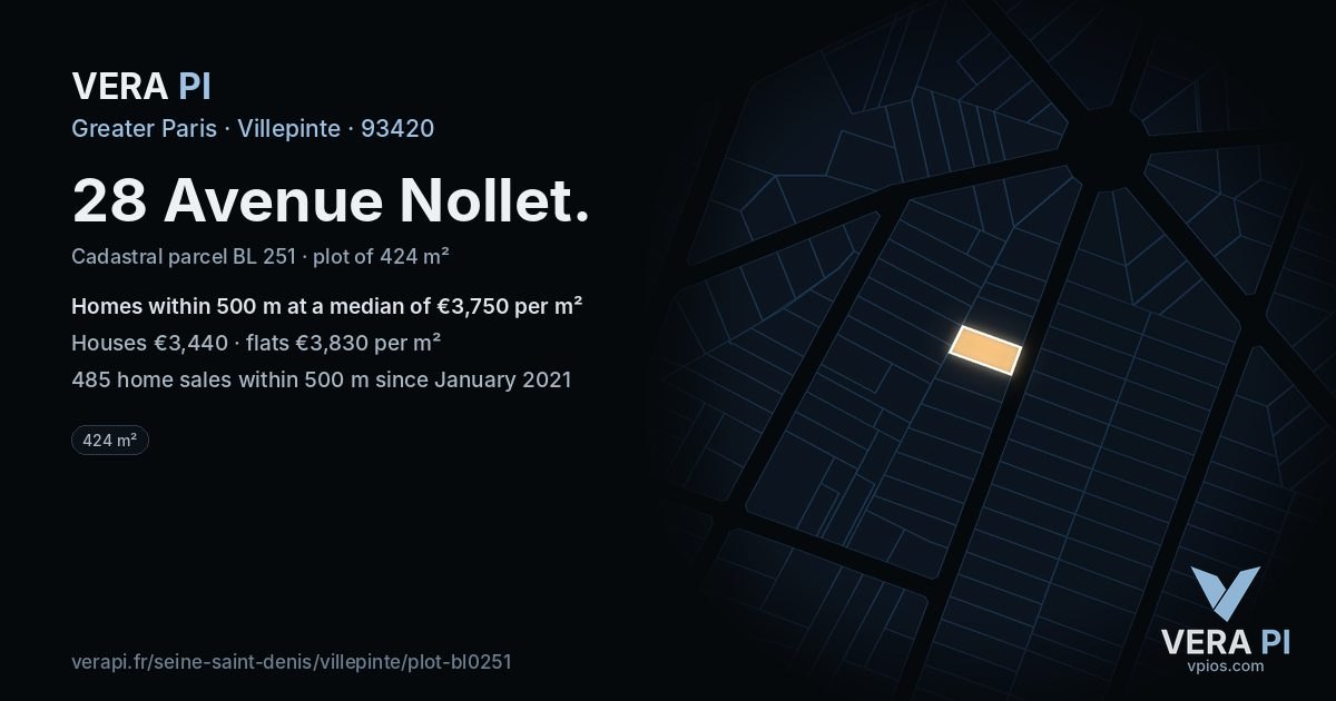 28 Avenue Nollet, Villepinte at night – the plot lit, the parcels around coloured by the prices near them