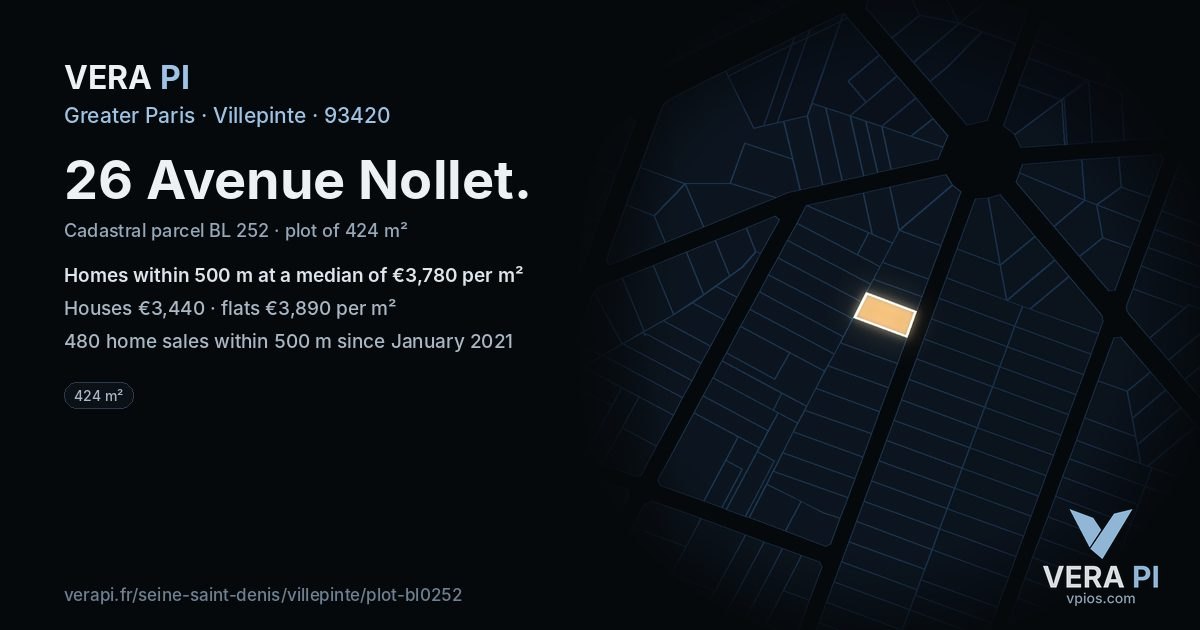 26 Avenue Nollet, Villepinte at night – the plot lit, the parcels around coloured by the prices near them