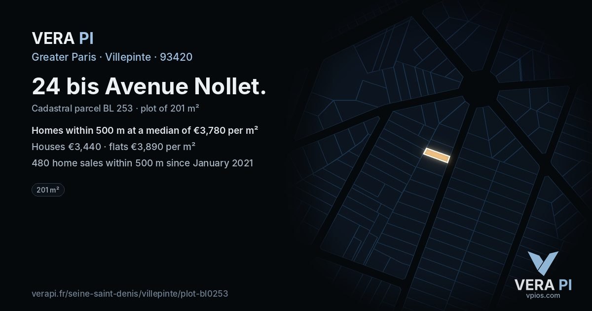24 bis Avenue Nollet, Villepinte at night – the plot lit, the parcels around coloured by the prices near them