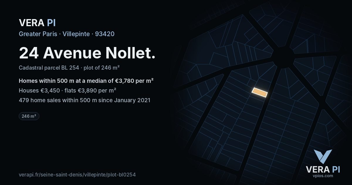 24 Avenue Nollet, Villepinte at night – the plot lit, the parcels around coloured by the prices near them