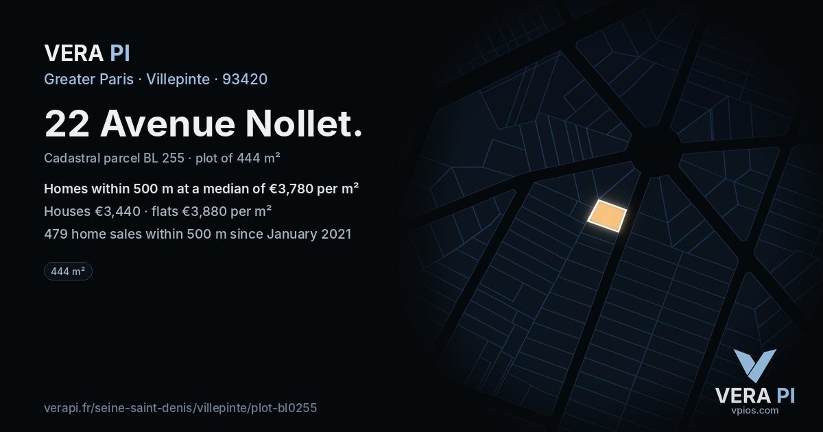 22 Avenue Nollet, Villepinte at night – the plot lit, the parcels around coloured by the prices near them