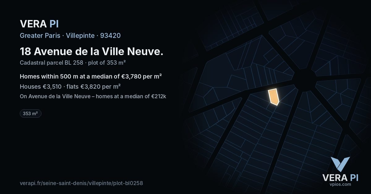 18 Avenue de la Ville Neuve, Villepinte at night – the plot lit, the parcels around coloured by the prices near them