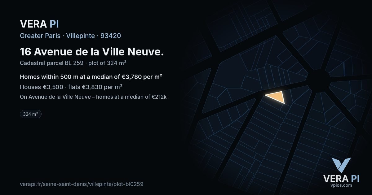 16 Avenue de la Ville Neuve, Villepinte at night – the plot lit, the parcels around coloured by the prices near them