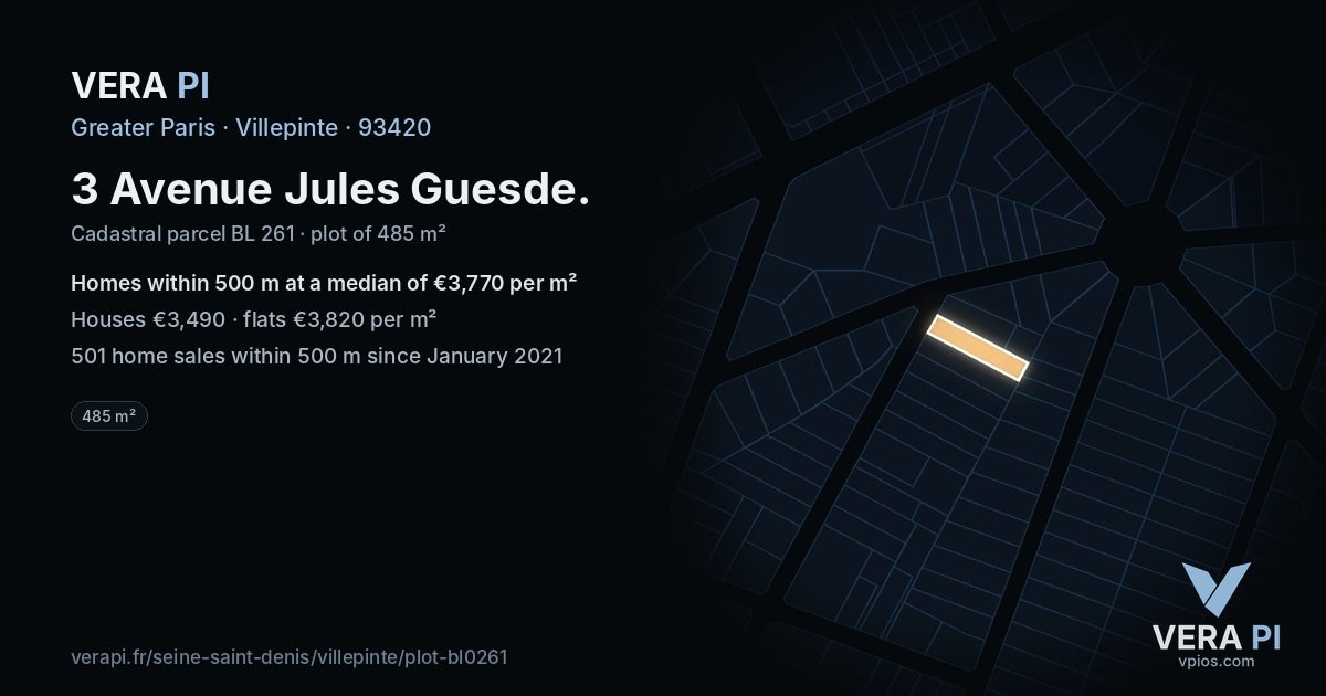 3 Avenue Jules Guesde, Villepinte at night – the plot lit, the parcels around coloured by the prices near them