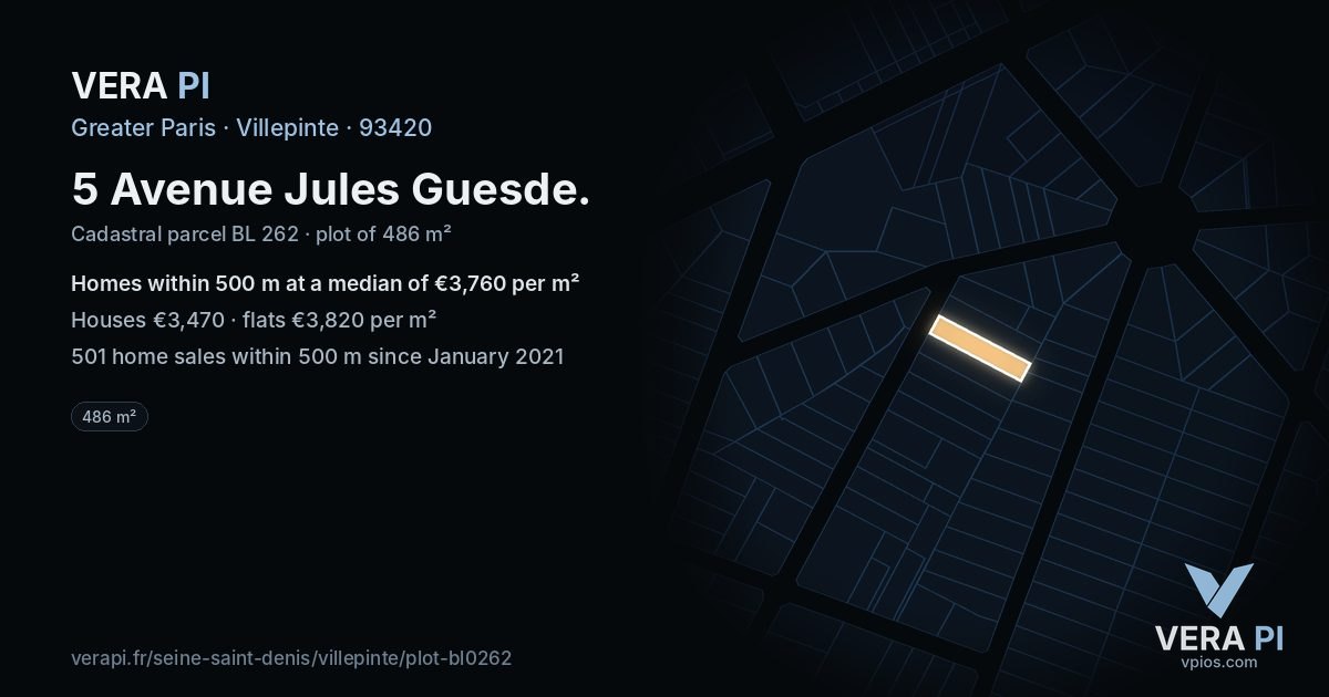 5 Avenue Jules Guesde, Villepinte at night – the plot lit, the parcels around coloured by the prices near them