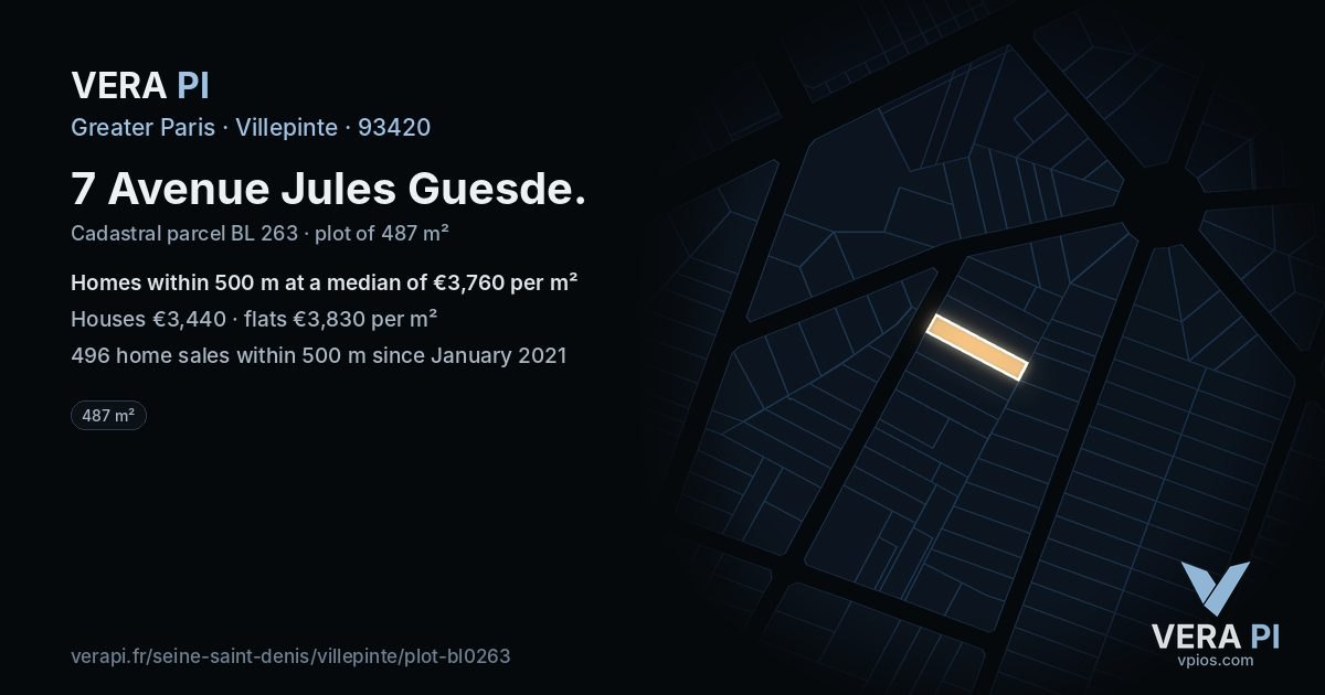 7 Avenue Jules Guesde, Villepinte at night – the plot lit, the parcels around coloured by the prices near them