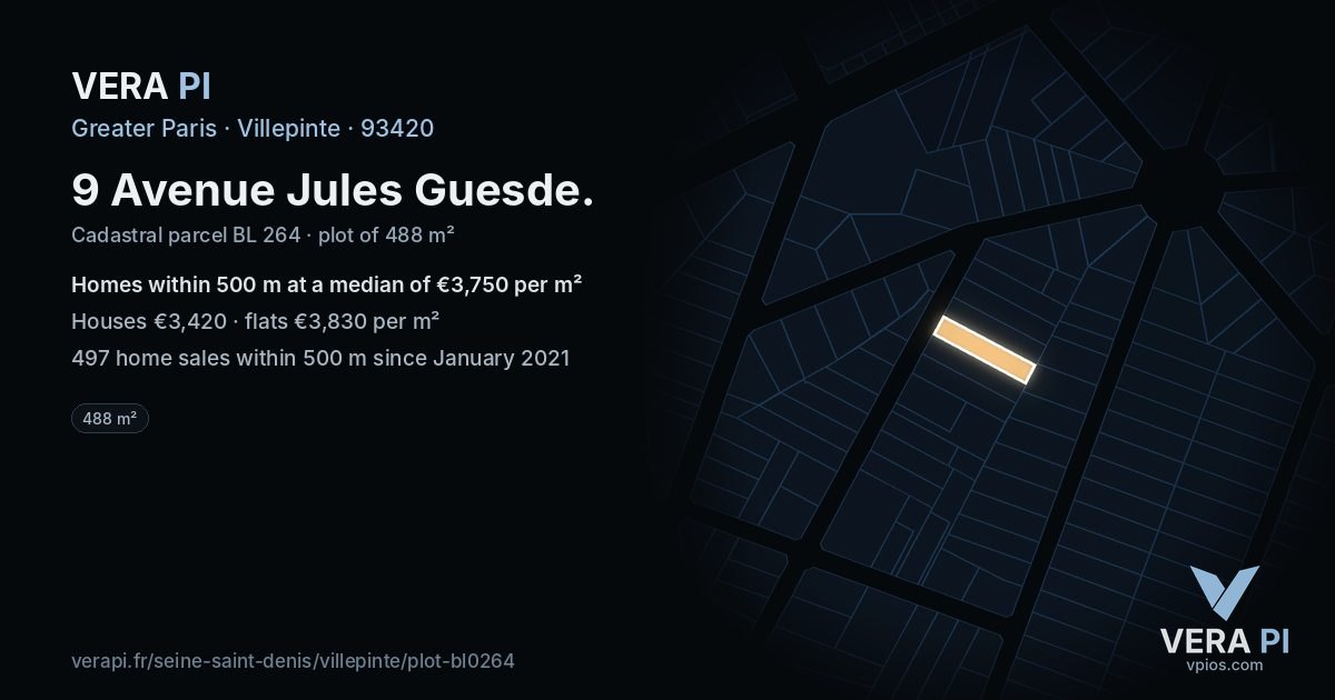 9 Avenue Jules Guesde, Villepinte at night – the plot lit, the parcels around coloured by the prices near them