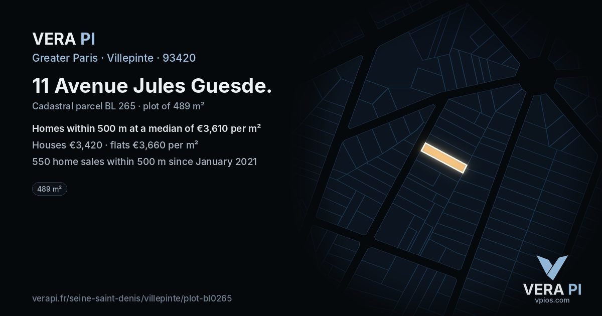 11 Avenue Jules Guesde, Villepinte at night – the plot lit, the parcels around coloured by the prices near them