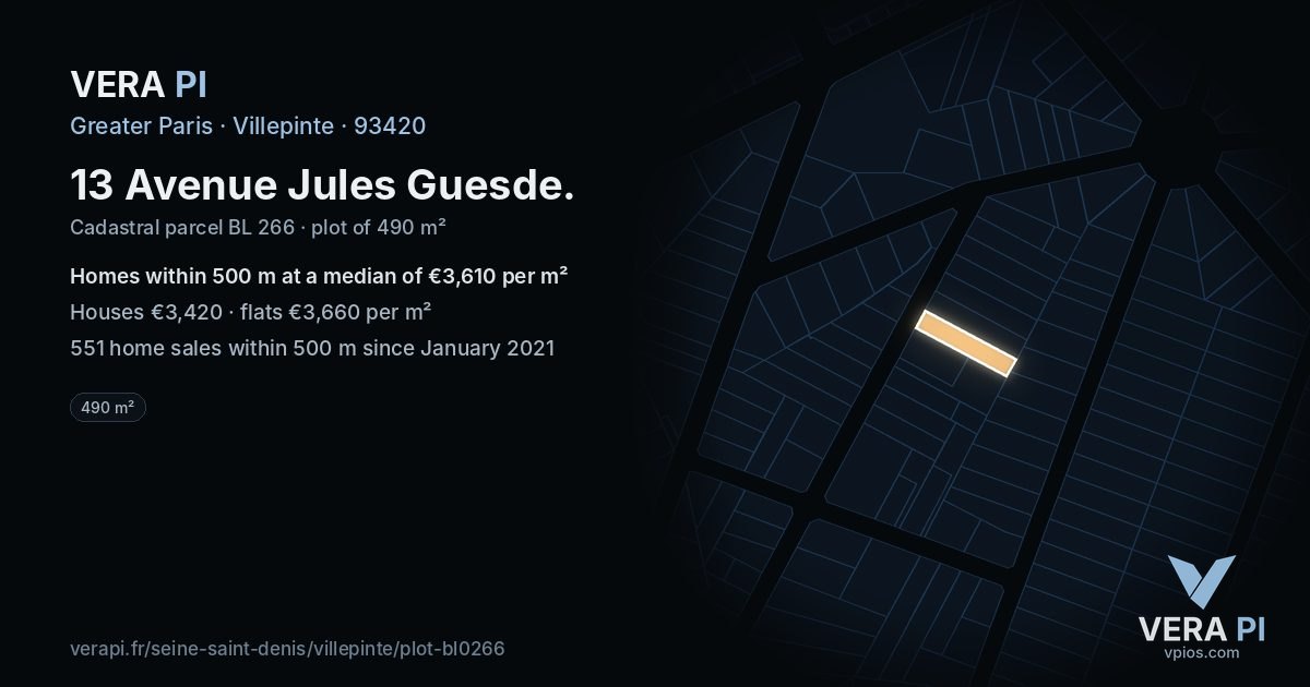13 Avenue Jules Guesde, Villepinte at night – the plot lit, the parcels around coloured by the prices near them