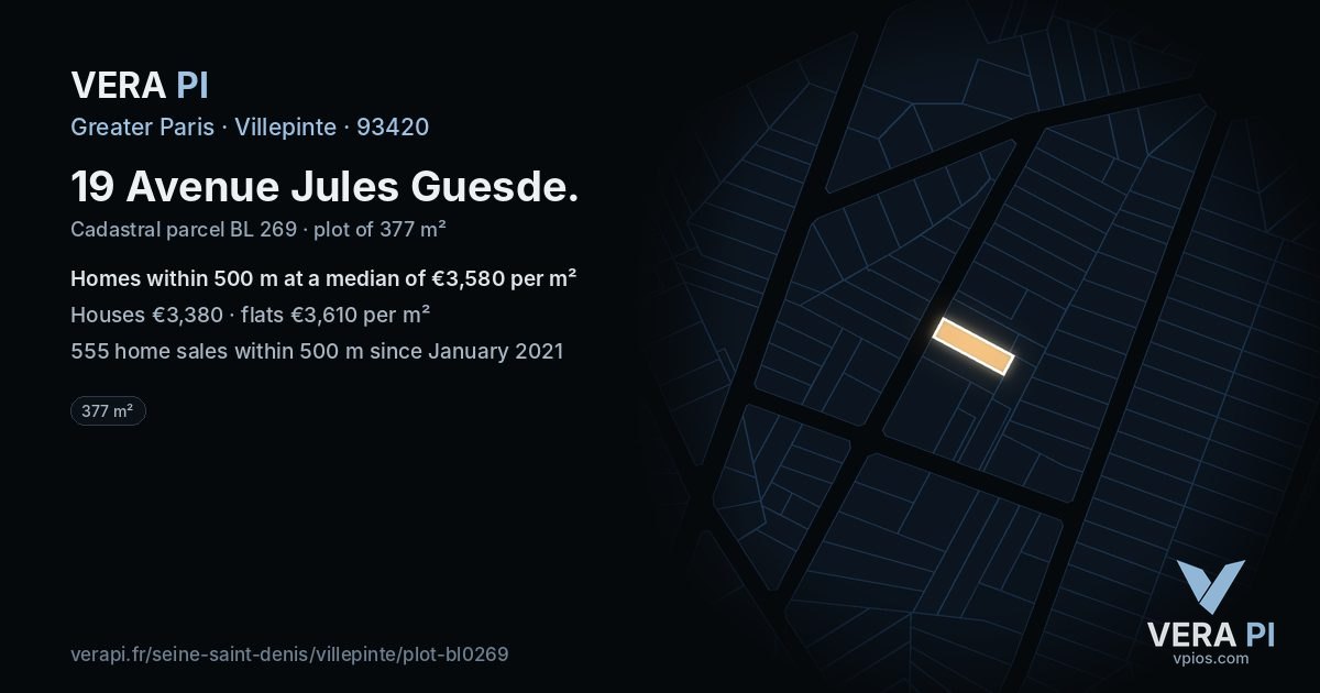 19 Avenue Jules Guesde, Villepinte at night – the plot lit, the parcels around coloured by the prices near them