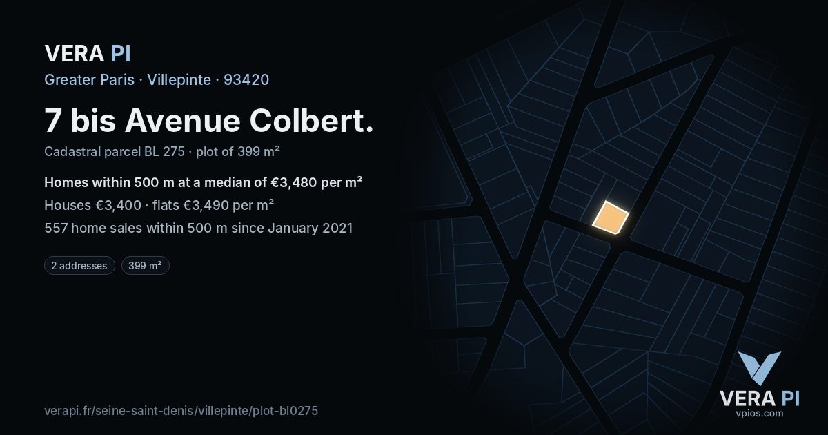 7 bis Avenue Colbert, Villepinte at night – the plot lit, the parcels around coloured by the prices near them