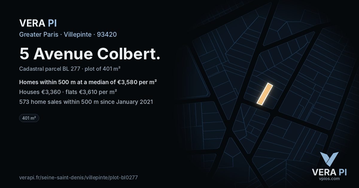 5 Avenue Colbert, Villepinte at night – the plot lit, the parcels around coloured by the prices near them