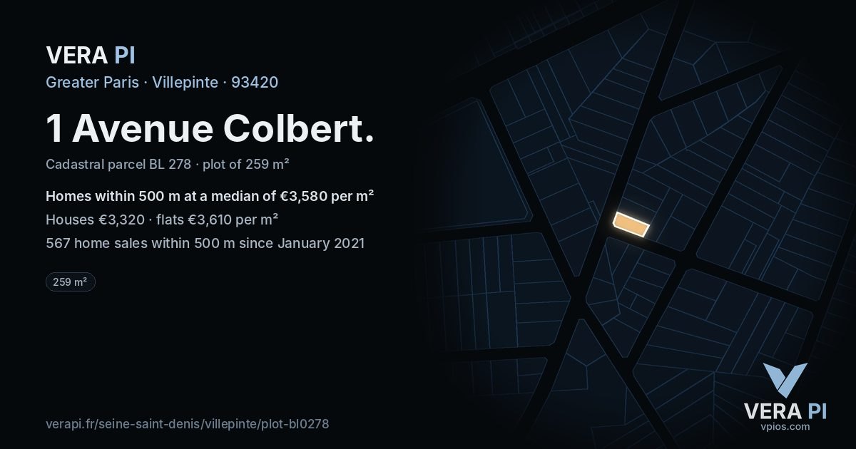 1 Avenue Colbert, Villepinte at night – the plot lit, the parcels around coloured by the prices near them