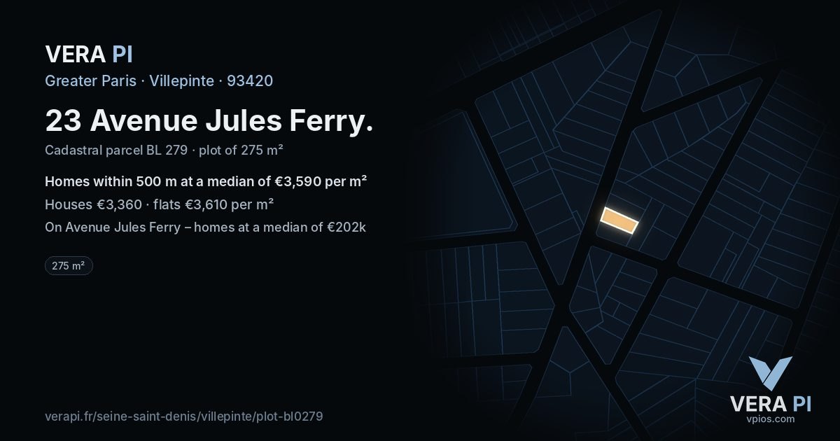 23 Avenue Jules Ferry, Villepinte at night – the plot lit, the parcels around coloured by the prices near them