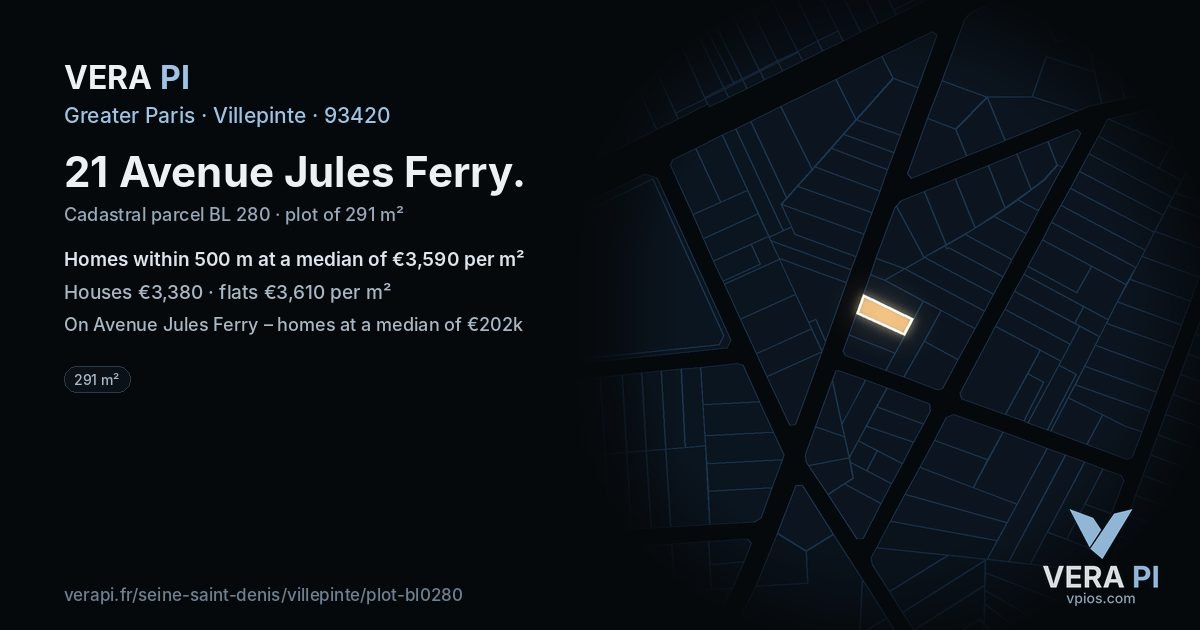 21 Avenue Jules Ferry, Villepinte at night – the plot lit, the parcels around coloured by the prices near them