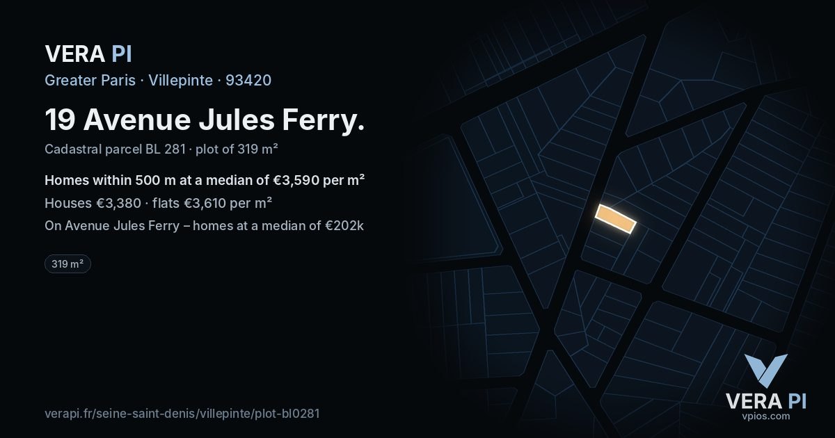 19 Avenue Jules Ferry, Villepinte at night – the plot lit, the parcels around coloured by the prices near them