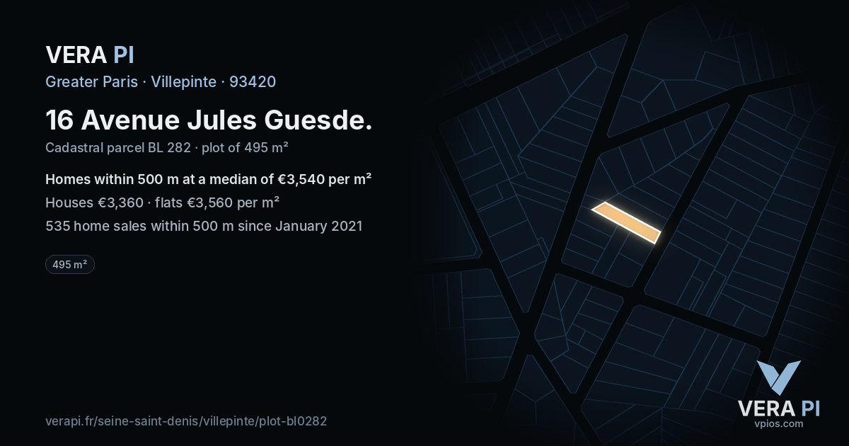 16 Avenue Jules Guesde, Villepinte at night – the plot lit, the parcels around coloured by the prices near them