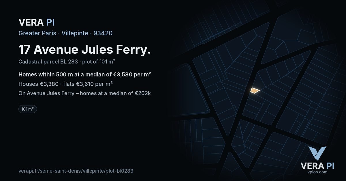 17 Avenue Jules Ferry, Villepinte at night – the plot lit, the parcels around coloured by the prices near them
