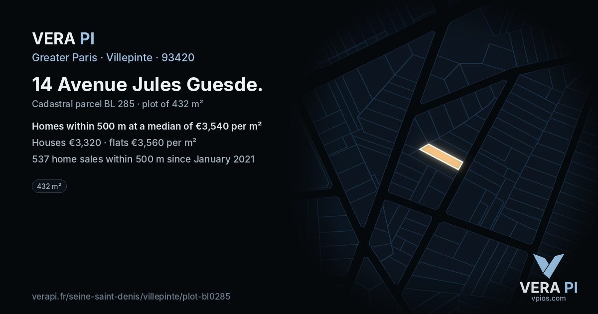 14 Avenue Jules Guesde, Villepinte at night – the plot lit, the parcels around coloured by the prices near them