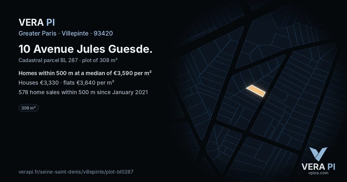 10 Avenue Jules Guesde, Villepinte at night – the plot lit, the parcels around coloured by the prices near them
