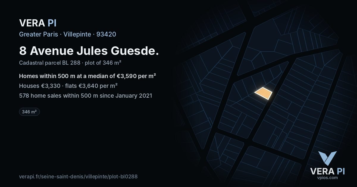 8 Avenue Jules Guesde, Villepinte at night – the plot lit, the parcels around coloured by the prices near them