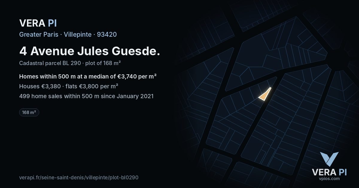 4 Avenue Jules Guesde, Villepinte at night – the plot lit, the parcels around coloured by the prices near them