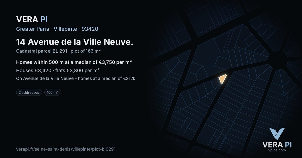 14 Avenue de la Ville Neuve, Villepinte at night – the plot lit, the parcels around coloured by the prices near them