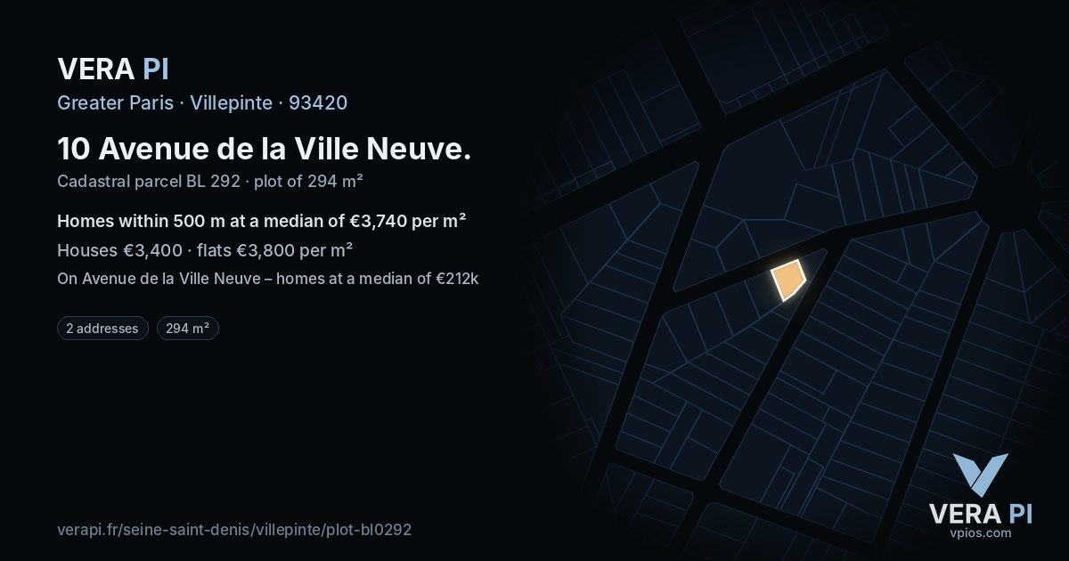 10 Avenue de la Ville Neuve, Villepinte at night – the plot lit, the parcels around coloured by the prices near them