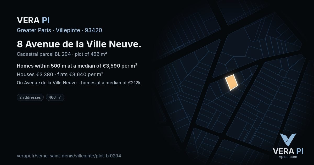 8 Avenue de la Ville Neuve, Villepinte at night – the plot lit, the parcels around coloured by the prices near them