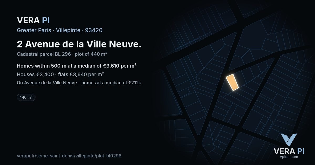 2 Avenue de la Ville Neuve, Villepinte at night – the plot lit, the parcels around coloured by the prices near them