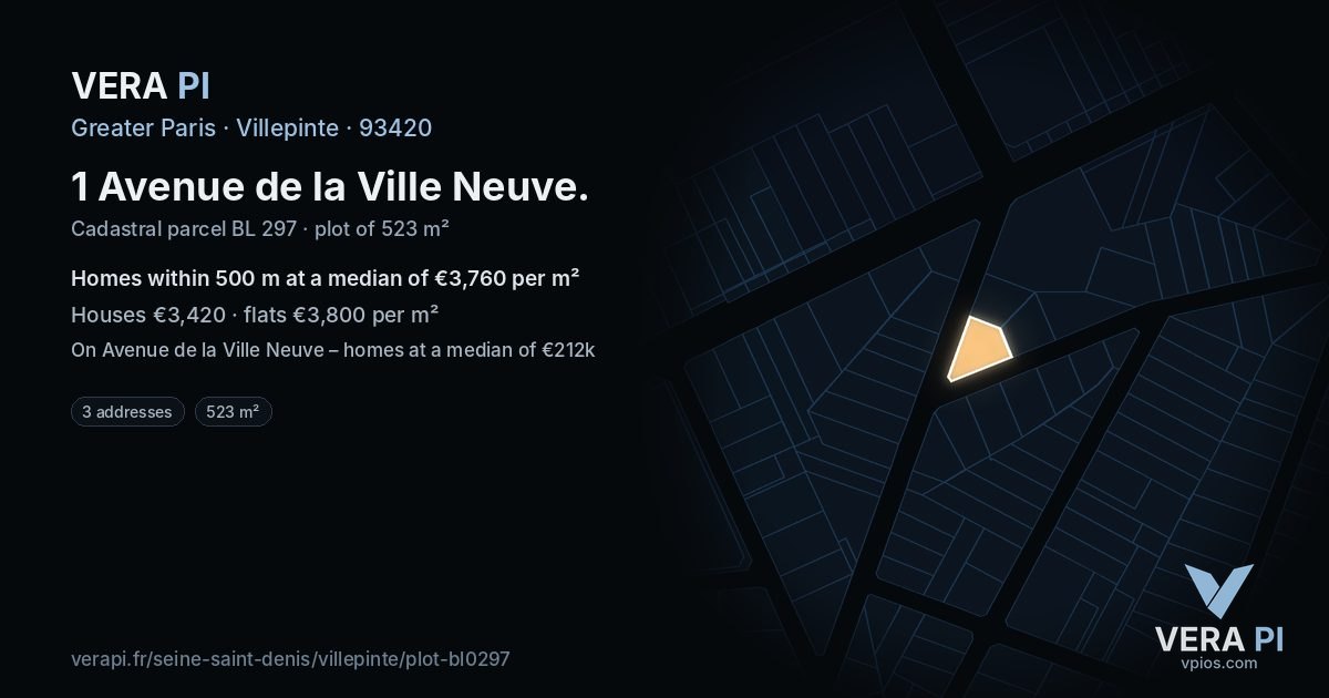 1 Avenue de la Ville Neuve, Villepinte at night – the plot lit, the parcels around coloured by the prices near them