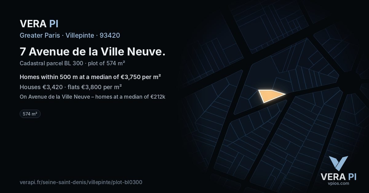 7 Avenue de la Ville Neuve, Villepinte at night – the plot lit, the parcels around coloured by the prices near them