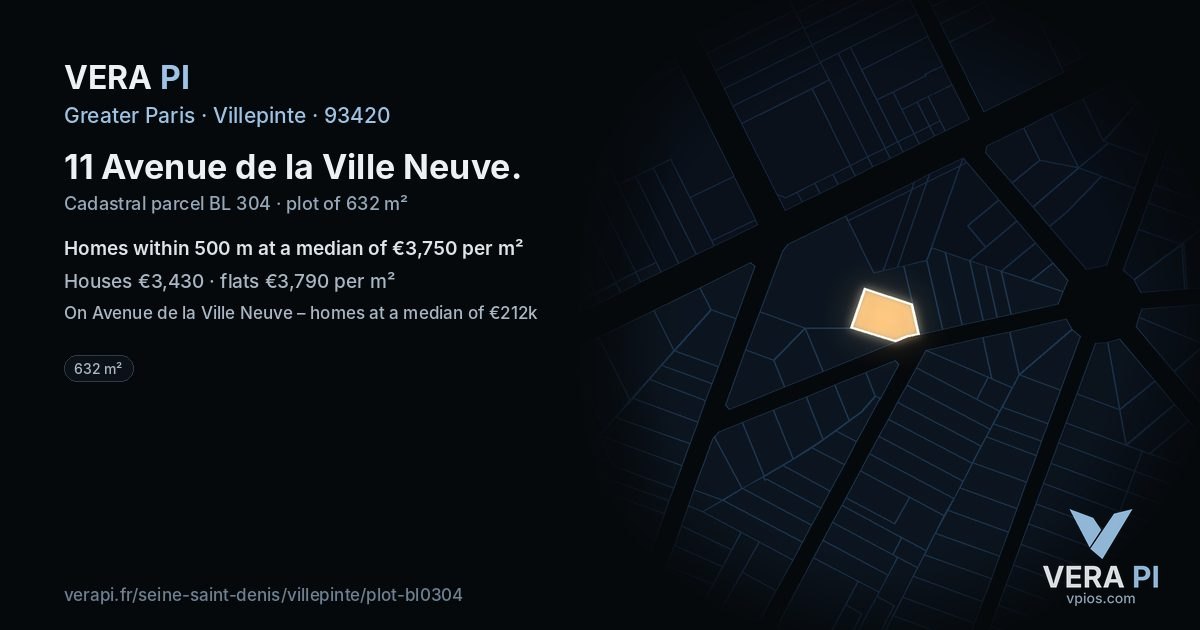 11 Avenue de la Ville Neuve, Villepinte at night – the plot lit, the parcels around coloured by the prices near them
