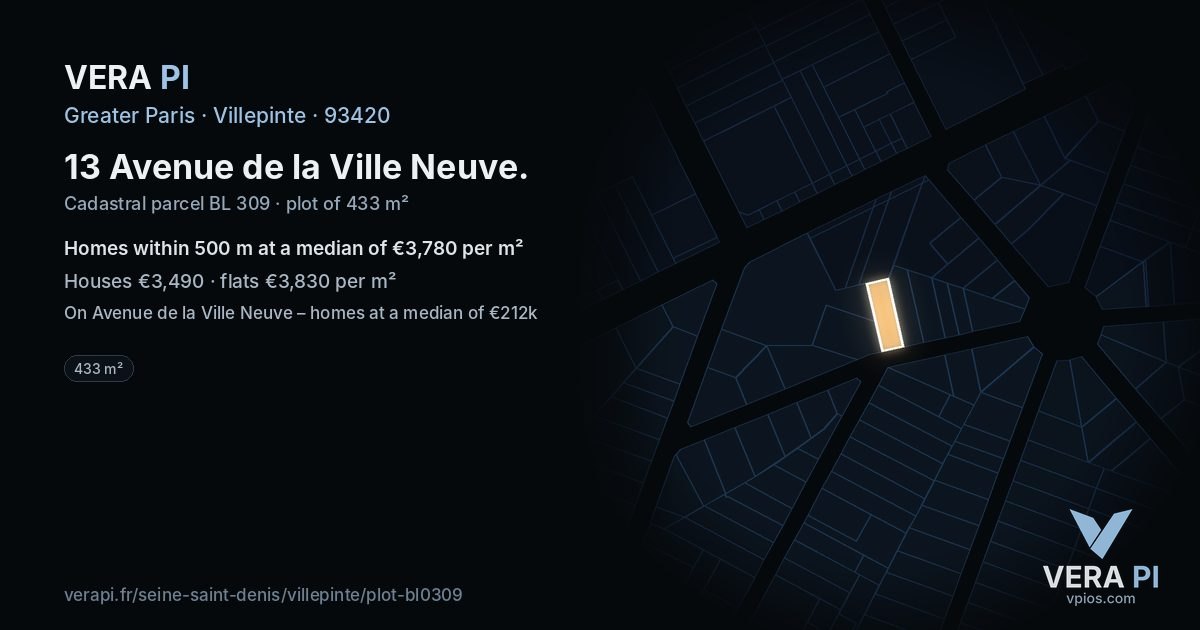 13 Avenue de la Ville Neuve, Villepinte at night – the plot lit, the parcels around coloured by the prices near them