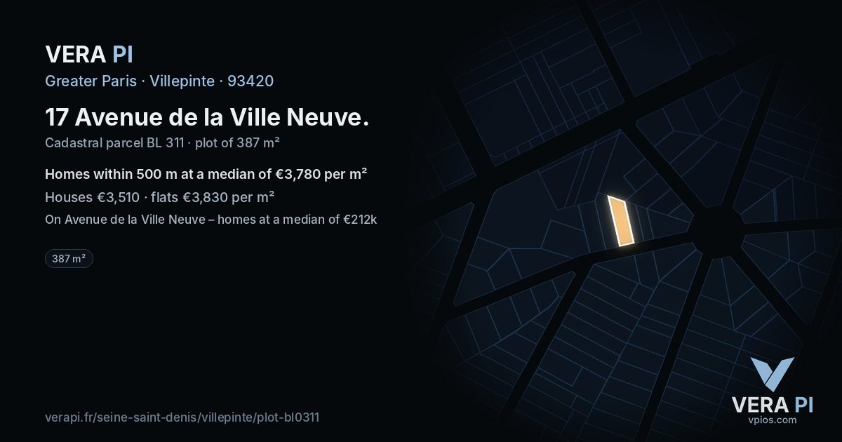 17 Avenue de la Ville Neuve, Villepinte at night – the plot lit, the parcels around coloured by the prices near them