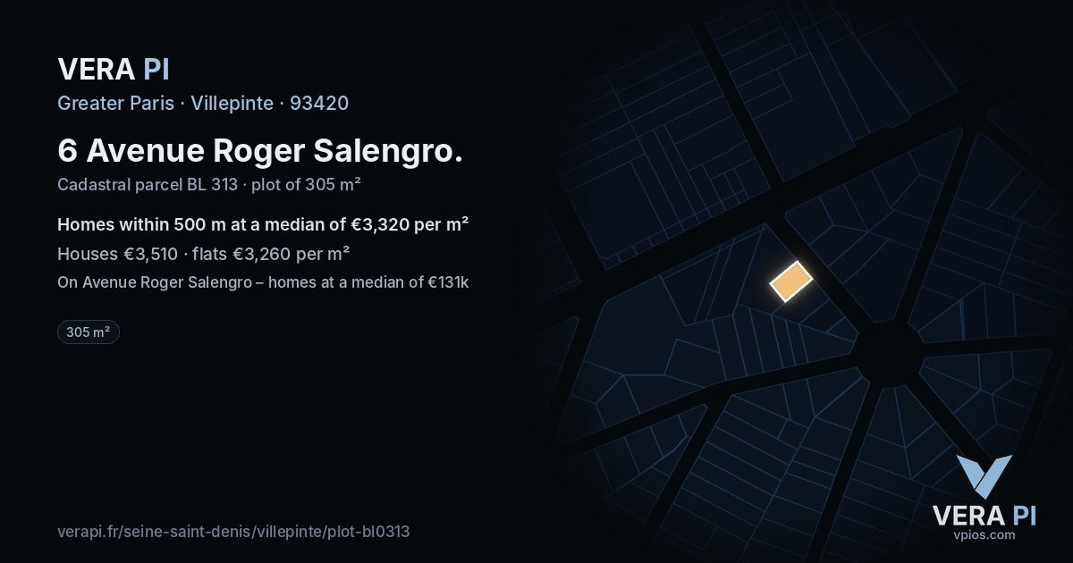 6 Avenue Roger Salengro, Villepinte at night – the plot lit, the parcels around coloured by the prices near them