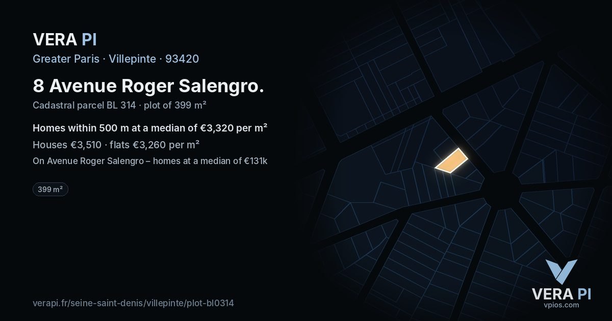 8 Avenue Roger Salengro, Villepinte at night – the plot lit, the parcels around coloured by the prices near them