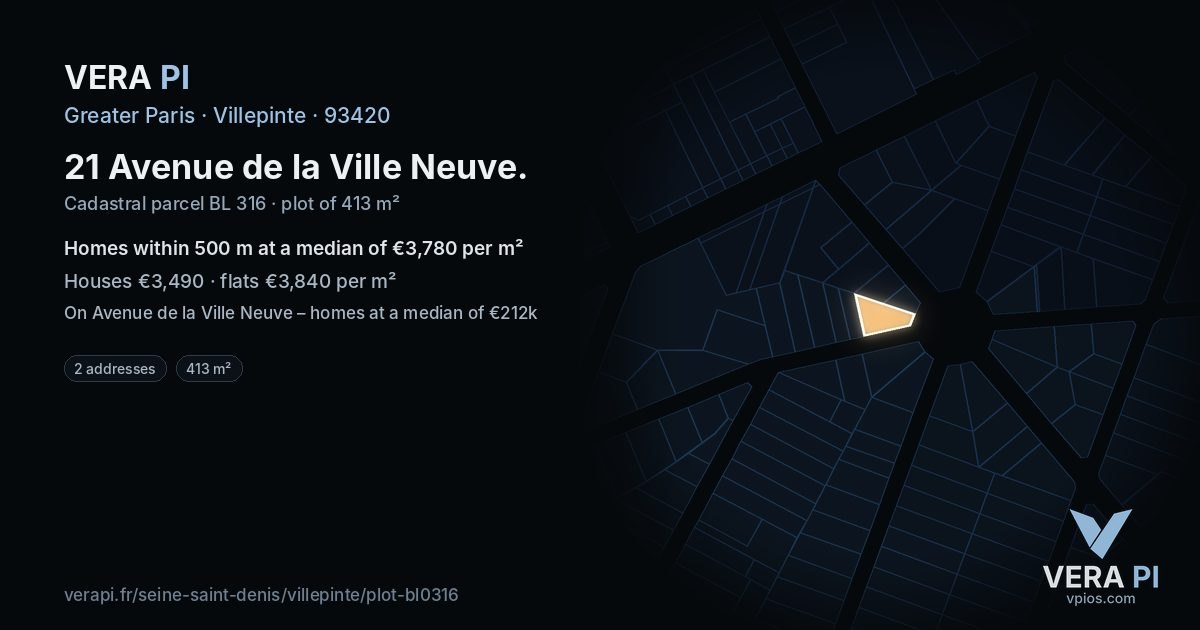 21 Avenue de la Ville Neuve, Villepinte at night – the plot lit, the parcels around coloured by the prices near them