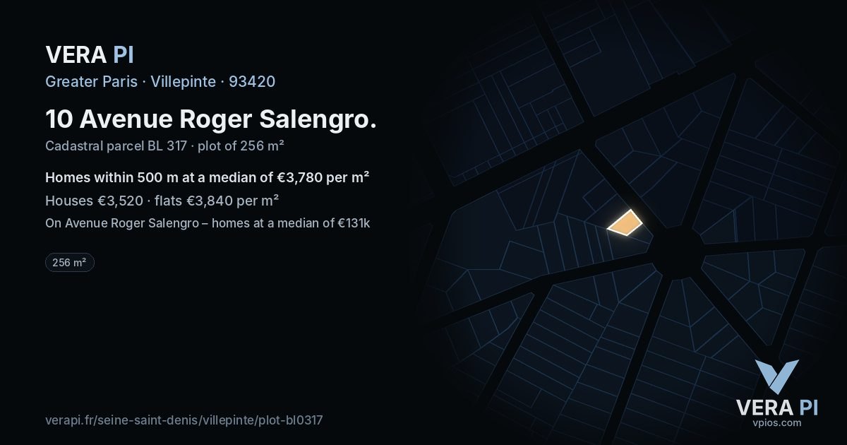 10 Avenue Roger Salengro, Villepinte at night – the plot lit, the parcels around coloured by the prices near them