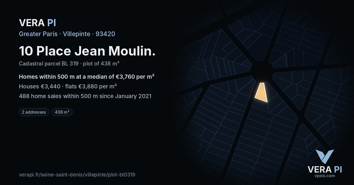 10 Place Jean Moulin, Villepinte at night – the plot lit, the parcels around coloured by the prices near them