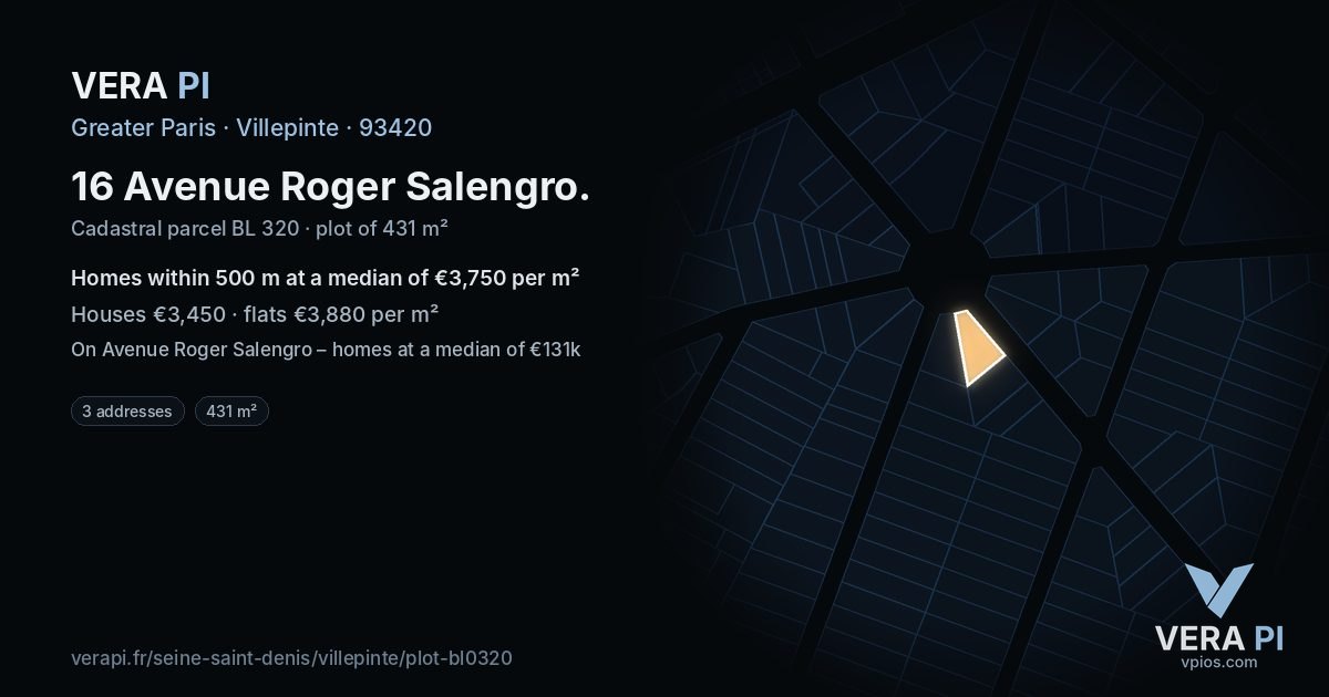 16 Avenue Roger Salengro, Villepinte at night – the plot lit, the parcels around coloured by the prices near them