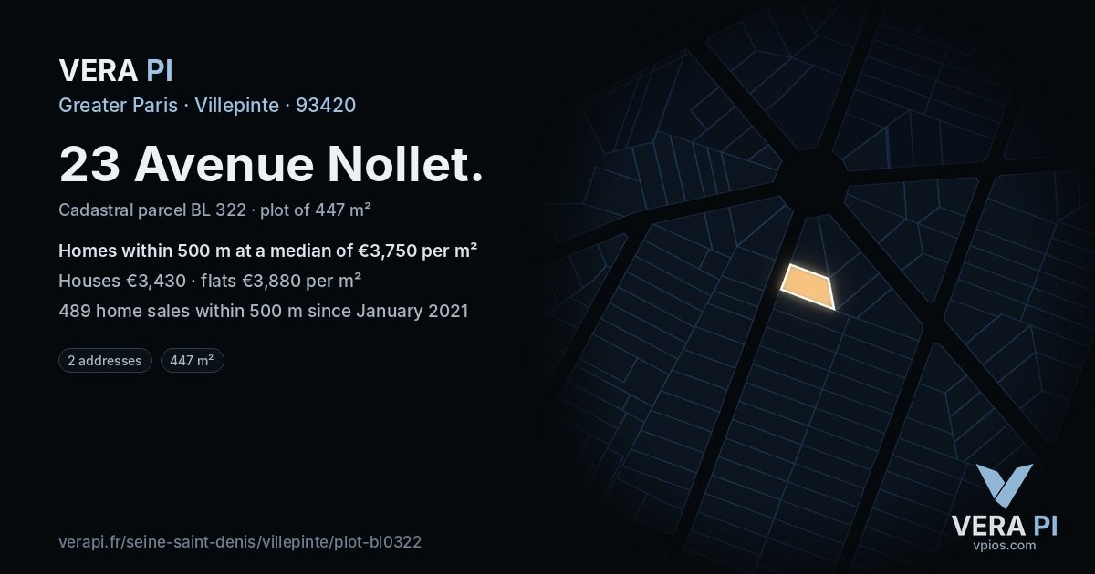 23 Avenue Nollet, Villepinte at night – the plot lit, the parcels around coloured by the prices near them