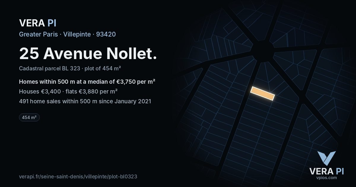 25 Avenue Nollet, Villepinte at night – the plot lit, the parcels around coloured by the prices near them