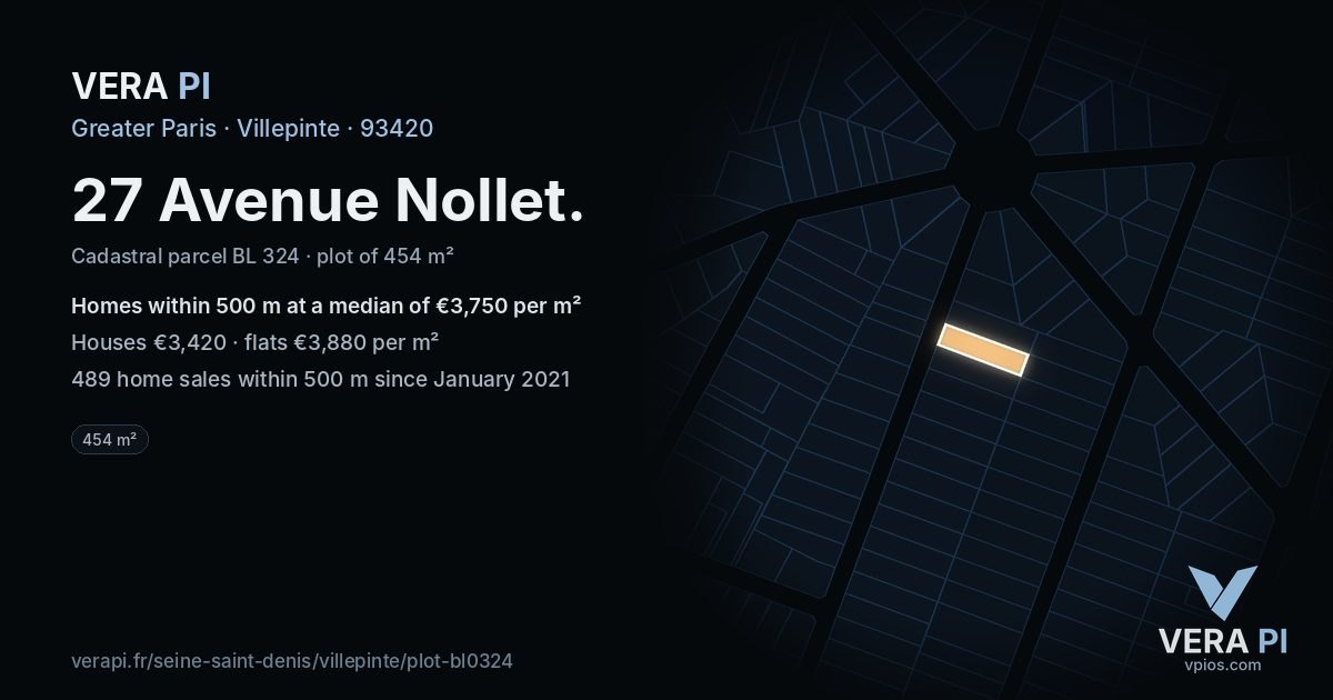 27 Avenue Nollet, Villepinte at night – the plot lit, the parcels around coloured by the prices near them